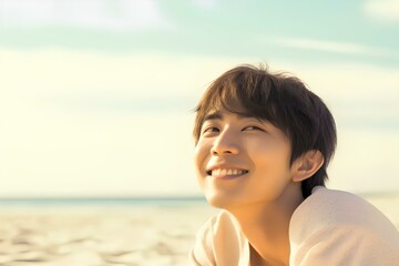 アイドルのような顔立ちの男性が浜辺で寝そべっている