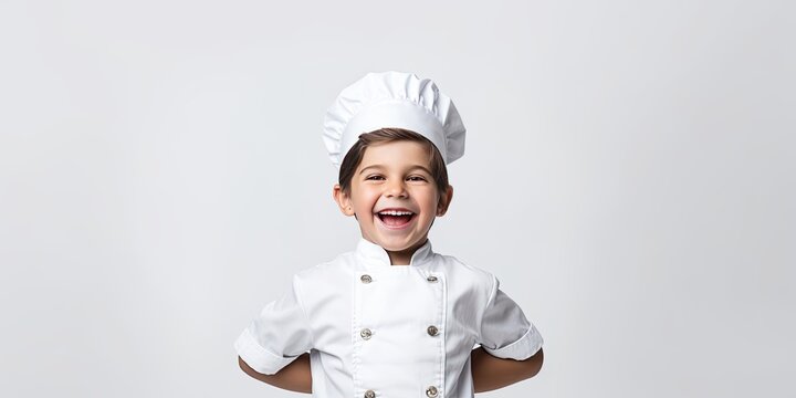 Portrait of happy kid chef smiling showing confidence on white background.