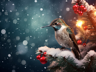 A Bee Hummingbird on a Christmas tree