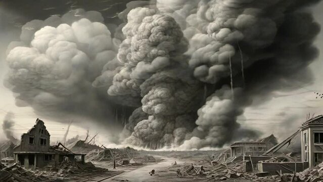 Smoke from the atomic bomb explosion billowed into the sky. World destruction due to war. Black and white style 4K virtual animation overlay