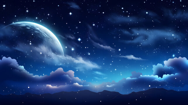 backgrounds night sky with stars and moon and clouds. generative ai.