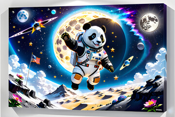 a vivid and dimensional artwork featuring a panda astronaut gracefully floating above the moon's surface, generative ai
