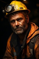 Portrait of miner in helmet after working day, his face in soot, he is tired, hard work, coal, mine, coal mining