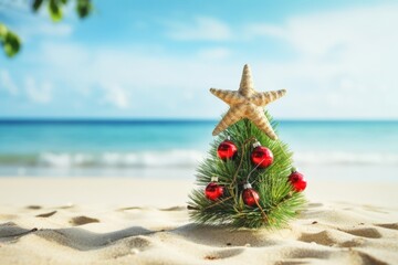 Christmas tree decorated on the sandy beach