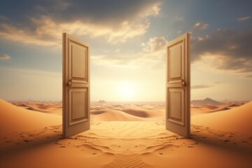 Opened door in the desert. Unknown and start up idea concept