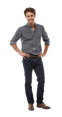 Fashion, happy and portrait of man with confidence on isolated, png and transparent background. Smile, hands on hips and full body of person with pride in trendy clothes, cool outfit and style