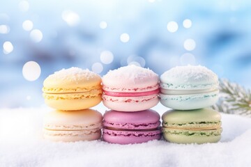 Obraz premium Colorful French macaroons on a winter Christmas background