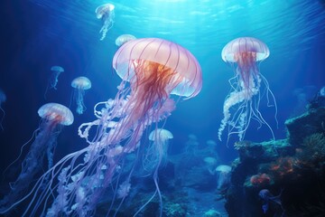Glowing jellyfish in the sea.