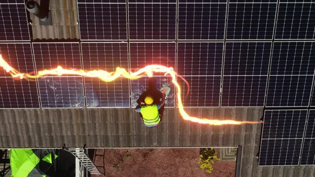 Man cleaning solar panels with added battery icon and visualization - CGI render