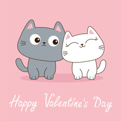 Happy Valentines Day. Gray white cat set. Love couple sitting kittens. Cute cartoon funny kitty character. Kawaii animal in love. Contour line doodle. Greeting card. Flat design. Pink background
