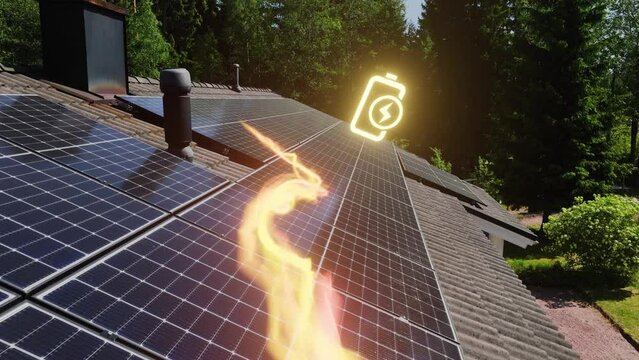 Solar Energy moving over Photovoltaic modules on a house roof- 3D render