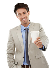 Businessman, portrait and takeaway coffee for corporate employee meeting, smile or isolated...
