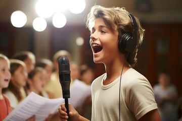 singer on stage, singing into microphone, kid singing
