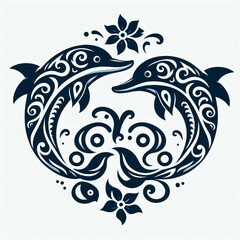 A vector image of a Balinese version of a combination of dolphins, cute and simple