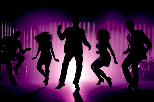 silhouette of a group of musicians, silhouettes of people dancing