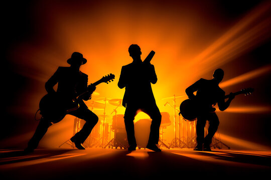 silhouette of a group of musicians, silhouettes of people dancing