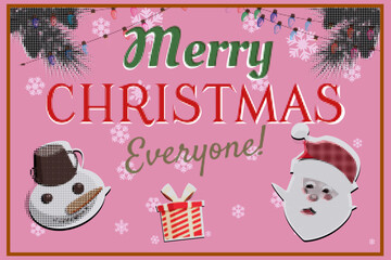 Fototapeta na wymiar Template Merry Christmas retro banner Santa and snowman