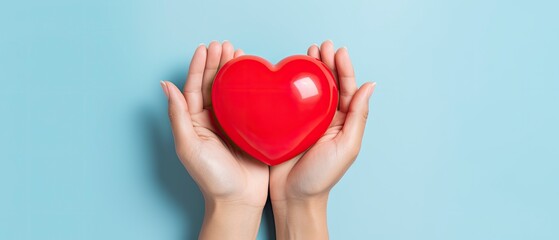Red heart in hand with blue background