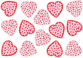Set of hearts randomly arranged on white background. Two types of repeating hearts. One heart has thin red outline and dots inside. Others have thick red outline filled with red and pink dots. Doodle.