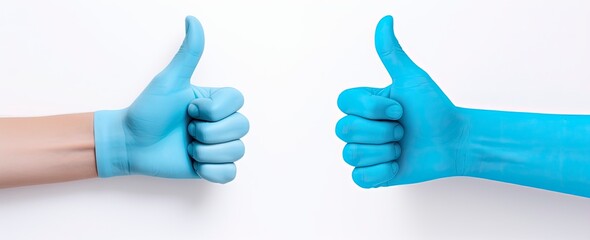 Thumbs up hand wearing blue color panting against a white background. One hand giving thumbs up on the other hand.