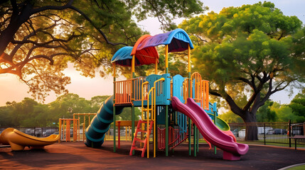 Colorful children playground activities in public park surrounded by green trees at sunset in Houston, Texas. Children run, slide, swing on modern playground. Urban neighborhood childh. generative ai. - obrazy, fototapety, plakaty