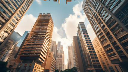 Fototapeta na wymiar Commercial buildings in Hongkong are low angle. generative ai.