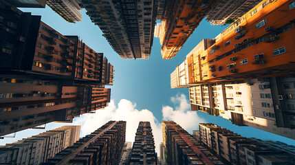 Commercial buildings in Hongkong are low angle. generative ai. - obrazy, fototapety, plakaty