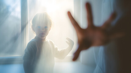 Concept shadow of mother and child behind the matte glass blurry hand and body soft focus. generative ai. - Powered by Adobe