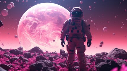 Astronaut exploring purple planet,