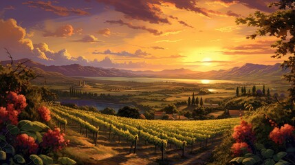vine vineyard wine drink sunset over vineyard illustration farm rural, country harvest, autumn background vine vineyard wine drink sunset over vineyard - obrazy, fototapety, plakaty