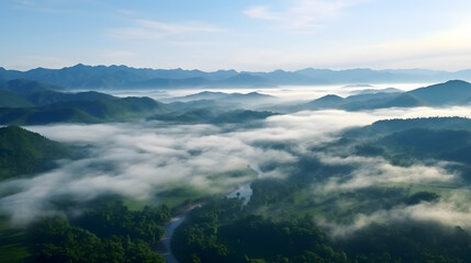 Naklejka premium Atmospheric landscape featuring misty fog and clouds hovering over mountains, AI-generated.
