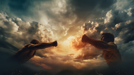 Fight, two fists hitting each other over dramatic sky. generative ai.