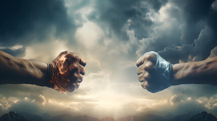 Fight, two fists hitting each other over dramatic sky. generative ai.