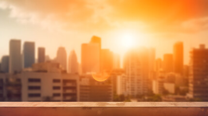 Summer sun blur golden hour hot sky at sunset with city rooftop view in the background fuzzy urban warm bright heat wave lights skyline heatwave bokeh for evening party.
