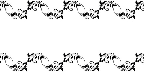 Vintage frame, border of stylized leaves, flowers and curls in black lines on white background. Horizontal top and bottom edging, decoration. Vector backdrop, wallpaper