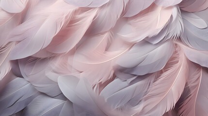 Gray feathers on tulle background in pastel tones. generative ai.