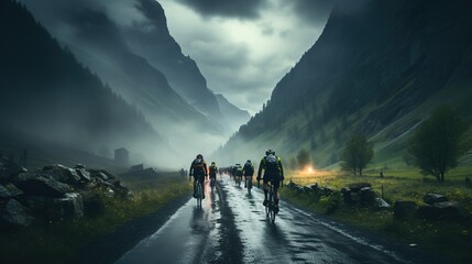 Cyclists on the road in the mountains in the fog. - obrazy, fototapety, plakaty