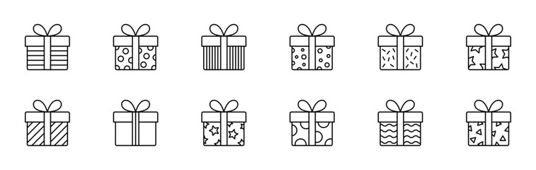 Gift box icon. Christmas present, surprise outline vector icons. Gift box, present icon set