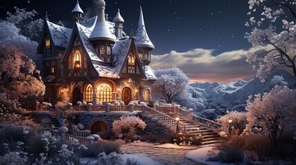 Fantasy winter landscape with a fairy-tale castle. 3d render - obrazy, fototapety, plakaty