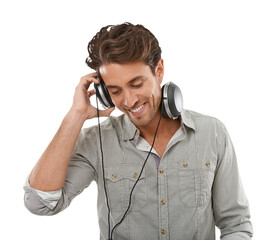 Happy man, headphones and eyes closed for listening to music by sound, audio or song. Brazilian...