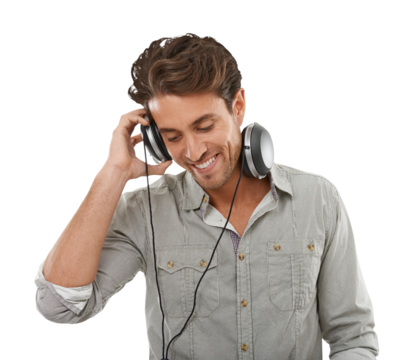 Happy man, headphones and eyes closed for listening to music by sound, audio or song. Brazilian person, dj and smile for occupation, job or career on isolated or transparent png background for party
