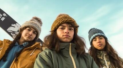 Group of friends on snowy mountain with snowboards.