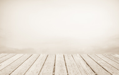 Wooden terrace the blurred and Christmas background concept. Wood white table top perspective in...