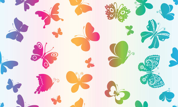 Vector seamless pattern with silhouettes of flying colorful butterflies of various shapes. Gradient.White background