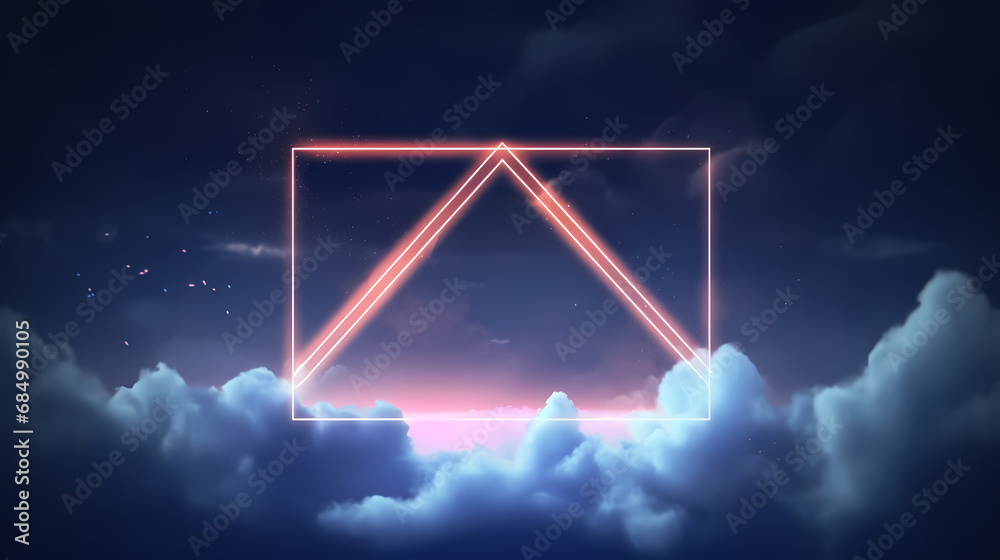 Fototapete abstract futuristic background with neon geometric shape and stormy cloud on night sky. rhombus fram