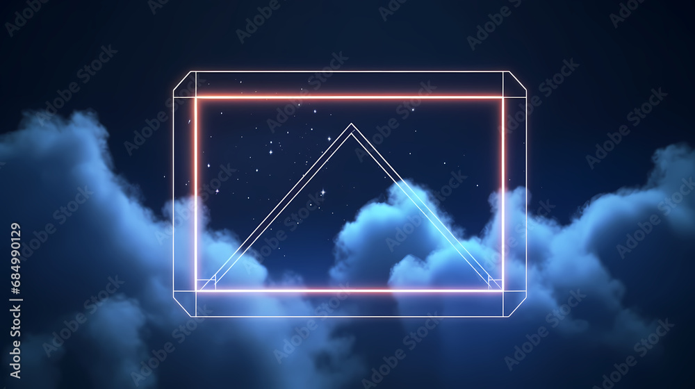 Fototapete abstract futuristic background with neon geometric shape and stormy cloud on night sky. rhombus fram