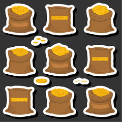 Illustration on theme big colored set different types bags, full sack of coins