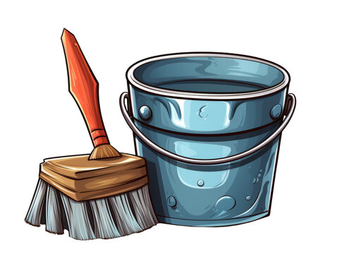 A sturdy blue bucket with soapy water next to a wooden scrubbing brush.