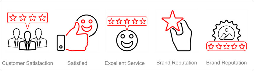 A set of 5 customer service icons as customer satisfaction, satisfied, excellent service