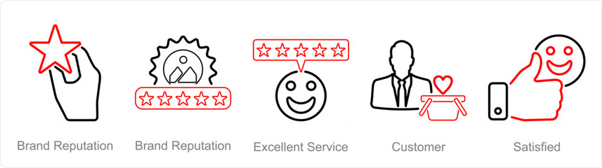 A set of 5 customer service icons as brand reputation, excellent service, customer